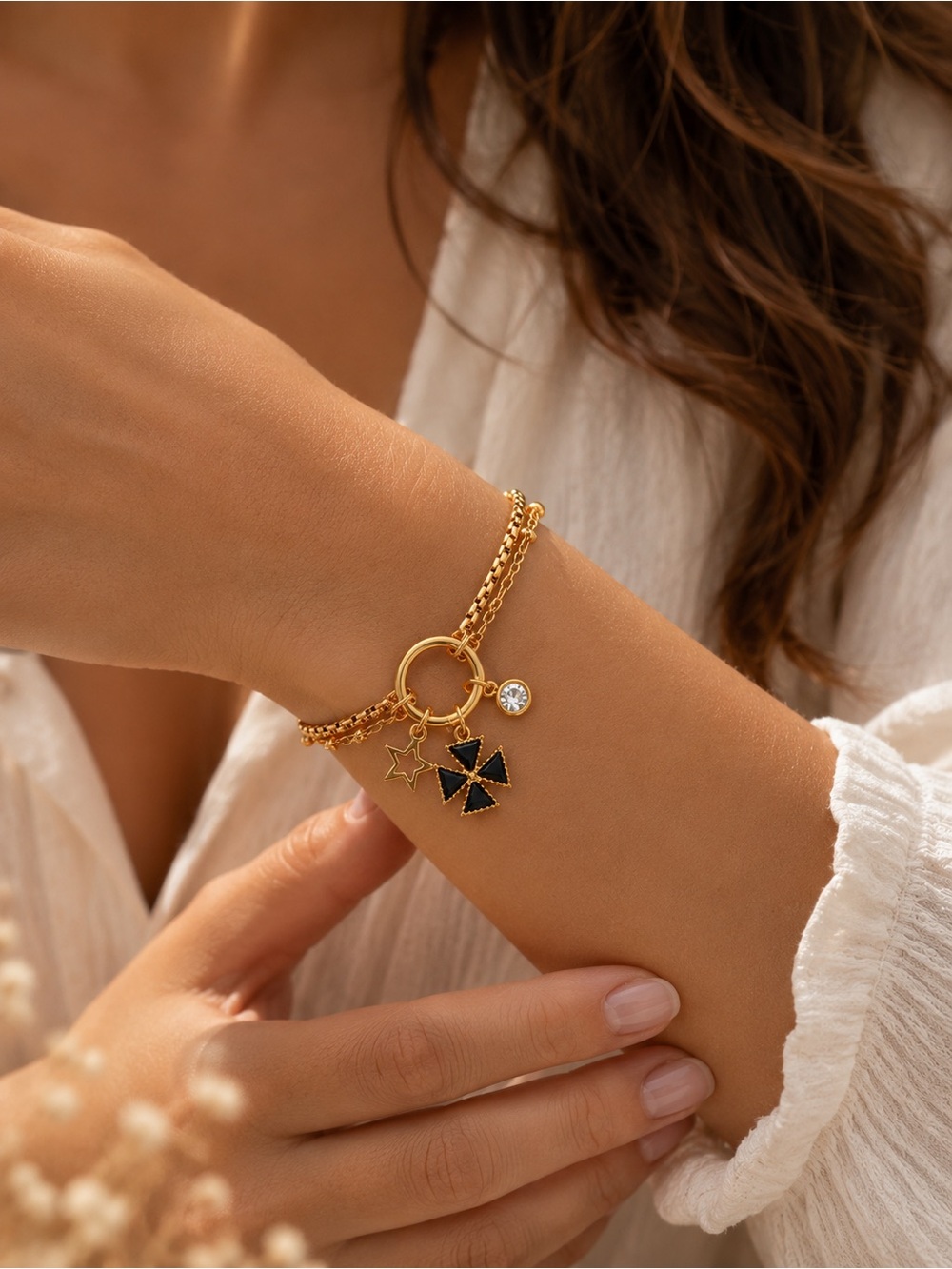 Gold Bracelet with Black Clover Charm - Women's Jewelry